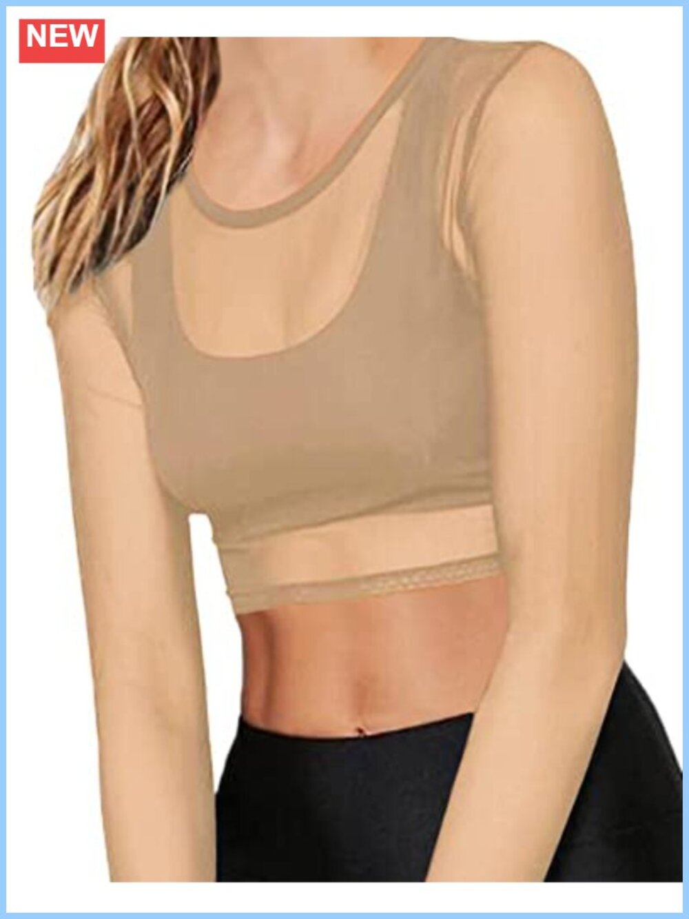Sheer Mesh Long Sleeve Crop Top Crew Neck See Through Tee Blouse